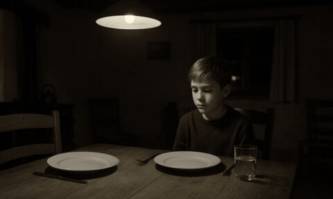 Tužni dječak sjedi za stolom za ručavanje ispred svog tanjura. Mjesto pokraj njega je postavljeno, ali nitko ne sjedi tamo.