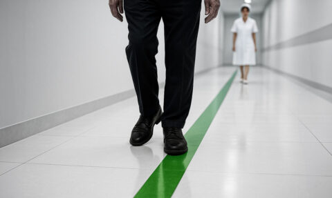 Noge muškarca u crnim hlačama duž bolničkog hodnika. Iza njega, zamagljeno, žena u odori medicinske sestre.